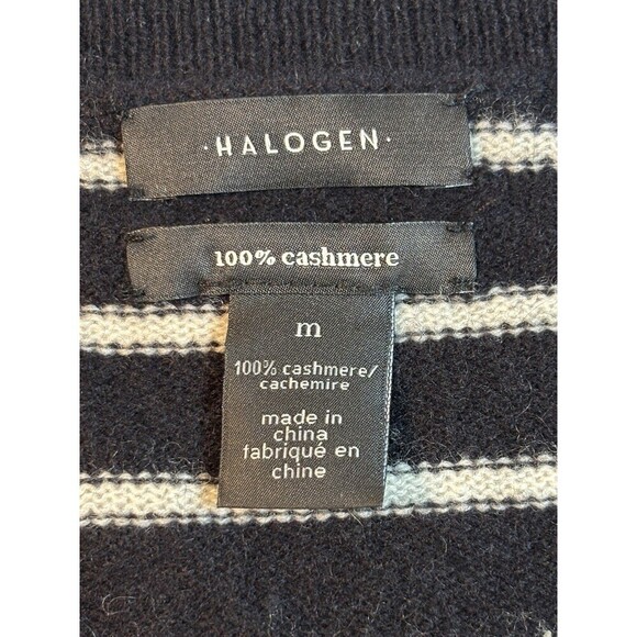Halogen Cashmere Sweater Black White Stripe Medium V-neck Long Sleeve Pullover - Picture 4 of 8